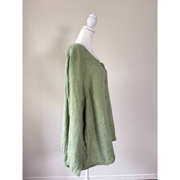 FLAX 1G Green Linen Button Front Top‎ Women 1X Lagenlook Minimalist Casual Artsy - Picture 5 of 15